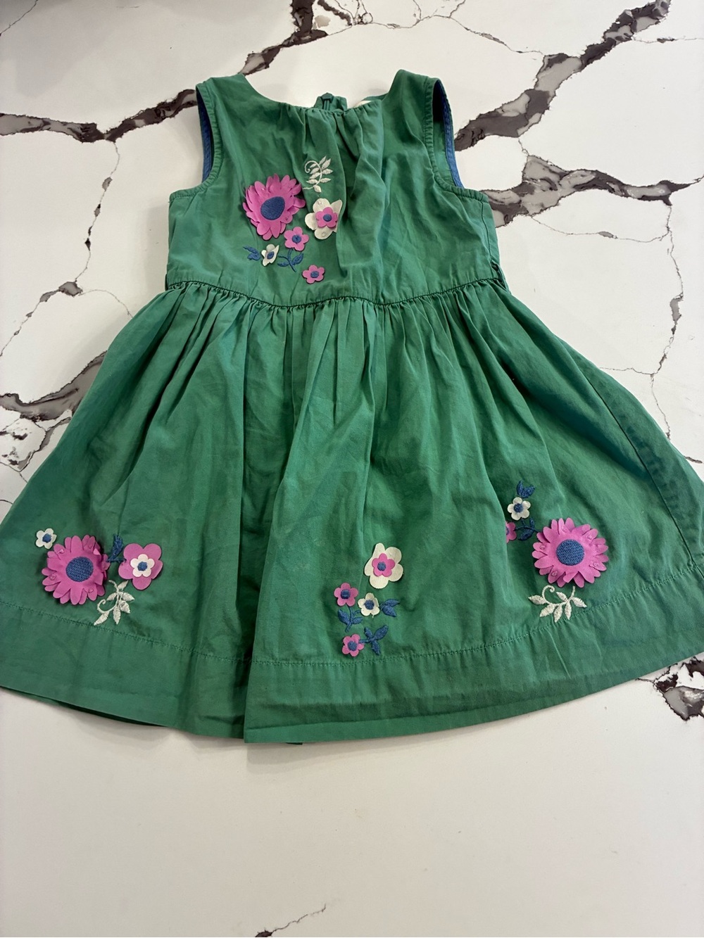 Mini Boden Green Dress with Pink & Purple Floral Appliques